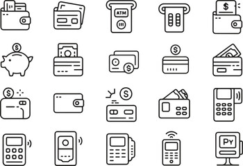 Banking Icon Set Wallets, Cards, ATM, and Payment Terminals. Vector Illustration. Editable Stroke