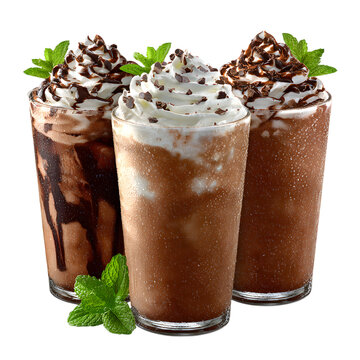 Delicious iced chocolate frappes with whipped cream and mint garnishes against a isolated on white transparent background PNG cutout