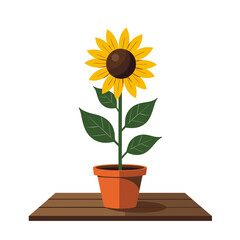 Obraz premium Vibrant Sunflower in a Pot Illustration: A Cheerful Display of Summer Bloom on a Wooden Surface