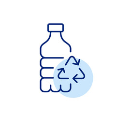 Plastic bottle and recycling arrows. PET food and beverage packaging. Pixel perfect, editable stroke icon