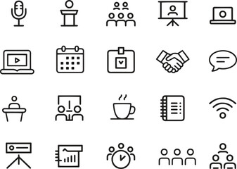 Conference Line Icons Set. Meeting, Seminar, Presentation, Networking. Editable Stroke. Vector Illustration