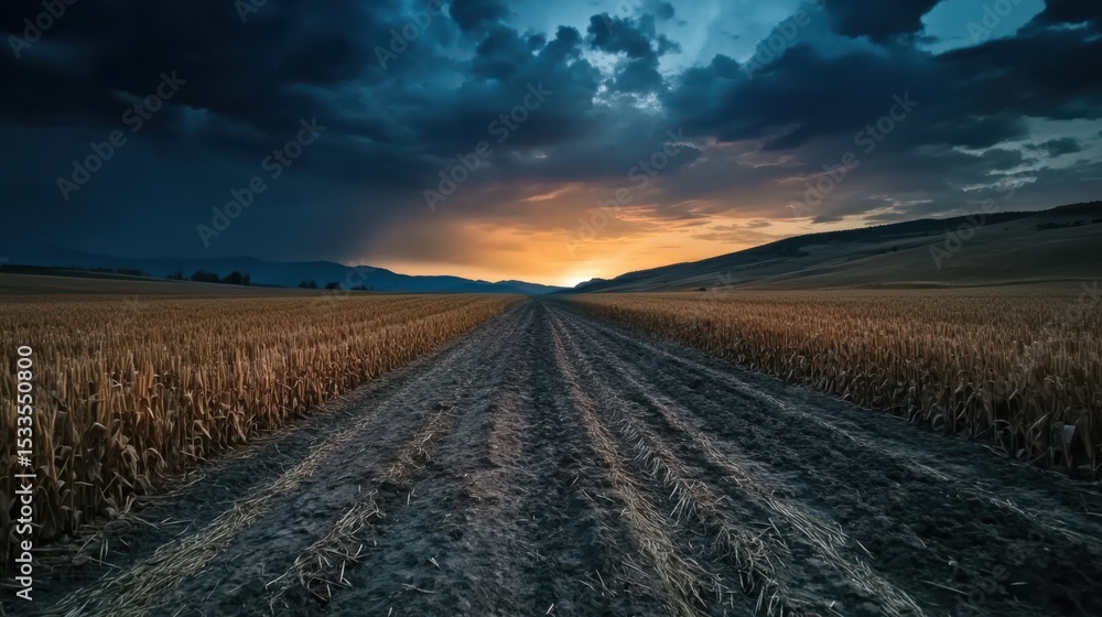 Poster twilight empty field with the last light of day fading behind distant hills, serene and moody atmosp