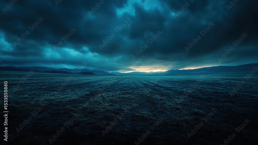 Poster twilight empty field with the last light of day fading behind distant hills, serene and moody atmosp
