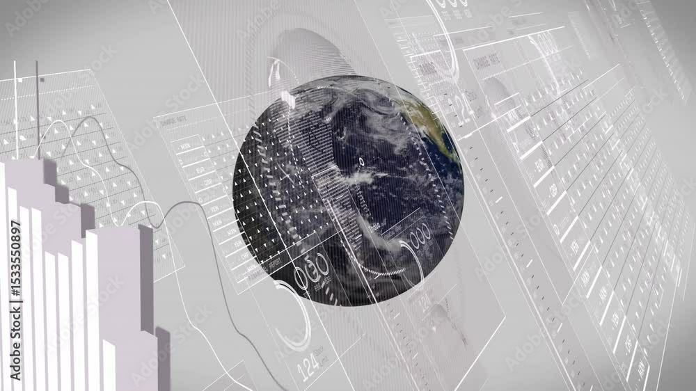 Poster sphere appearing growing into rotating globe sliding panels and rising bars visualizing data flows