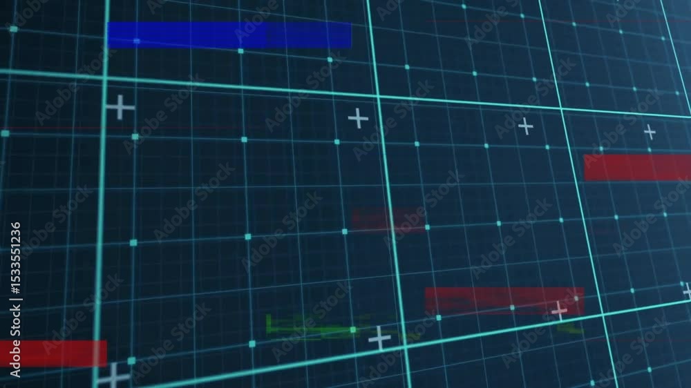 Poster starting green bar sliding across blue void, colored bars traversing panning cyan grid showing data