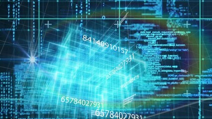 Outlines tracing cube edges initiating rotating cube while numbers flowing forming data patterns - Powered by Adobe