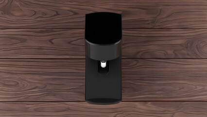Square-top soap dispenser on rich wood texture