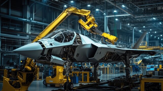 Jet aircraft undergoing automated assembly in a large hangar