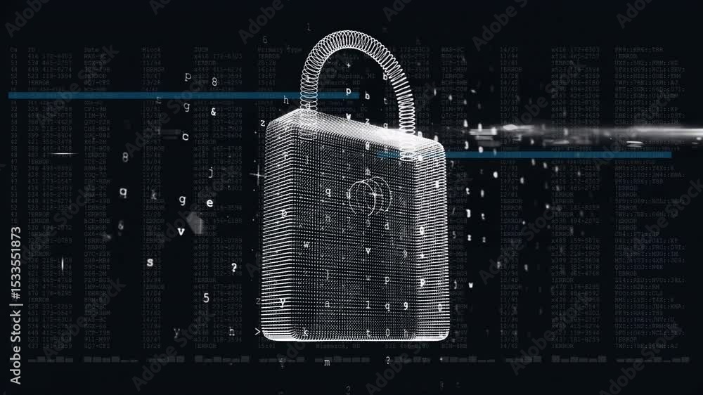 Poster upon 3d padlock appearing, scan line sweeping across lock causing flickering code for securing data