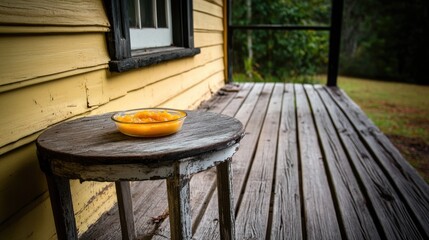 A weathered, round side table on a rustic porch holds a glass bowl of vibrant orange preserves, situated near a yellow clapboard house and shadowed screened-in porch