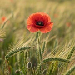 Naklejka premium A red poppy flower stands tall in a field of golden grasses, its delicate petals swaying in a breeze. The scene is captured in a photographic style, showcasing the tranquility and natural beauty of th