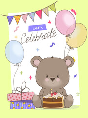 Cute Bear with Cake and Balloons Celebration