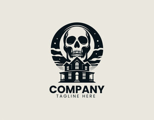 Terrifying Skull Haunted House Of Horror Spooky Fright Night Vector Logo Design