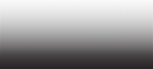 Dotted halftone gradient seamless border. Vector screentone raster effect backdrop. Black fading polka dot bg. Dots gradation repeat pattern. Comic pop art background monochrome overlay wallpaper