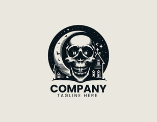 Terrifying Skull Haunted House Of Horror Spooky Fright Night Vector Logo Design