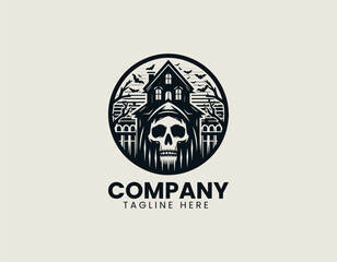 Terrifying Skull Haunted House Of Horror Spooky Fright Night Vector Logo Design