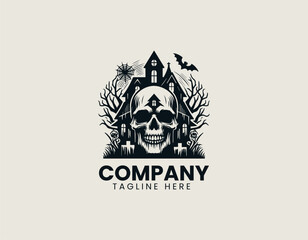 Terrifying Skull Haunted House Of Horror Spooky Fright Night Vector Logo Design