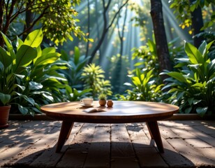 Wooden Oval Table with Coffee Cup and Plants in Sunlit Garden