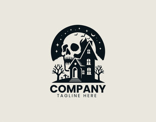 Terrifying Skull Haunted House Of Horror Spooky Fright Night Vector Logo Design