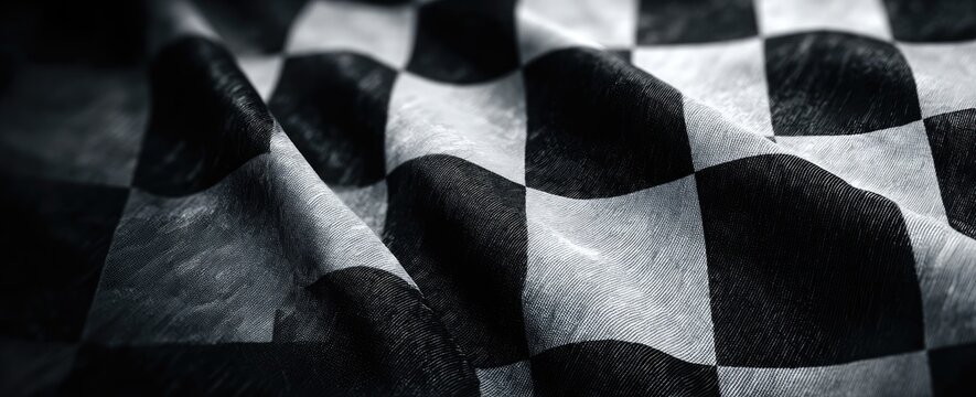 Draped checkered flag; close-up, black & white squares, textured fabric, shadowed areas