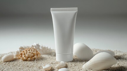 White tube cosmetic product, surrounded by seashells on sand