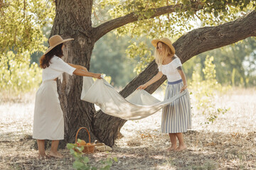 Friends Preparing Picnic Spot Under Tree In Forest