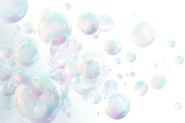 Iridescent soap bubbles of varying sizes float against a bright white background, exhibiting a soft, ethereal quality