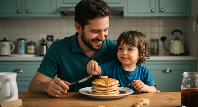Dad and son enjoy pancakes