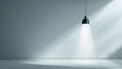 Single pendant lamp casts a bright beam on a minimalist, light grey wall and floor in a sunlit room