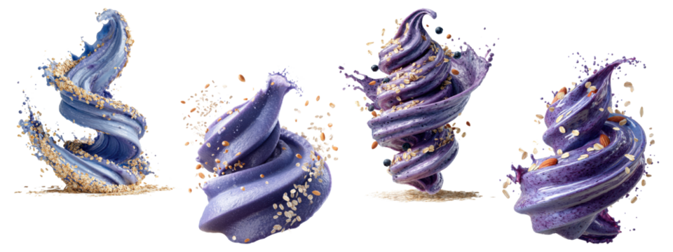Purple swirl cream with grains and nuts, isolated on transparent background