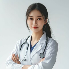 A compassionate female doctor exudes confidence and warmth. Dressed in a white coat, the stethoscope draped around the neck, symbolizing healthcare professionalism and medical expertise.