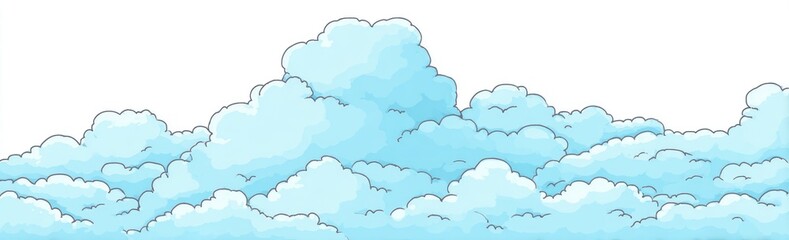 A whimsical illustration of light blue cumulus clouds forming a continuous, puffy horizon line against a white background