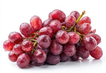 A cluster of red seedless grapes, glistening with water droplets, rests on a stark white background