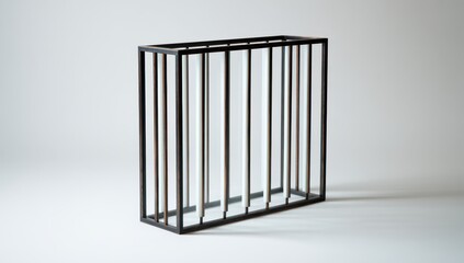 Dark-framed, rectangular display case with vertical glass rods