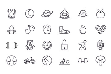 Health and fitness icon set. vector line icons of exercise, nutrition, wellness, sports, sleep, nature, and healthy lifestyle elements.