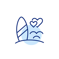 Sea and surfboard on the beach. Vacation, romantic holiday getaway. Pixel perfect, editable stroke icon