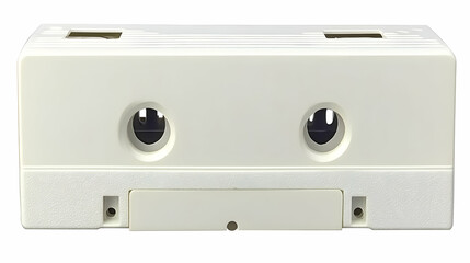 An isolated, old-fashioned, black and white portable radio with an electric power button, metal lock, and audio equipment