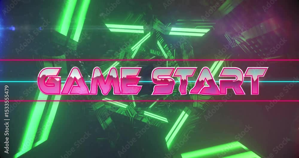 Poster pink game start letters fading in starting rotating neon polygon pulling back tunnel inviting play