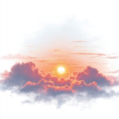 A vibrant sunrise or sunset scene, featuring a bright sun partially obscured by fluffy, pink and orange clouds against a mostly clear sky