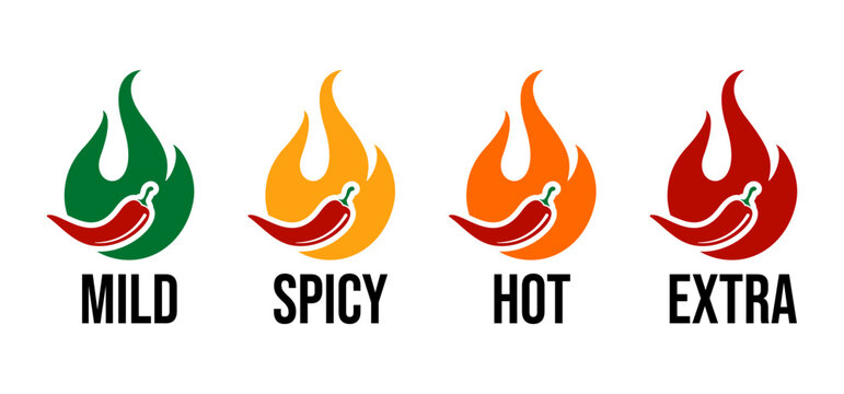 Spice Level Icons Set – Mild, Spicy, Hot, and Extra with Chili and Flame