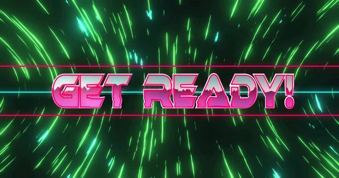 Pink outline emerging sparking GET READY! swinging into view, green streaks pulsing, building hype