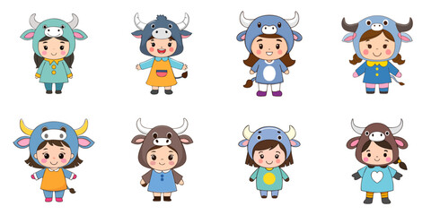 Multiple vector illustrations, girl wearing buffalo costume

