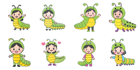 Multiple vector illustrations, girl wearing caterpillar costume

