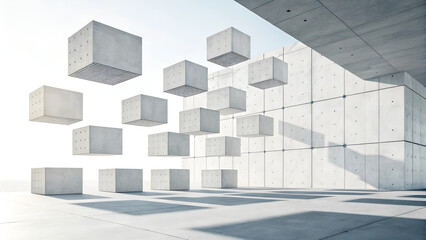 Obraz premium Minimal 3D Abstract Image with Semi-Transparent Floating Cubes on White Background, Featuring Asymmetric Composition and Subtle Shadows, Representing Data Units and Virtual Architecture