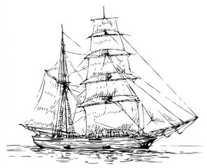 A detailed line drawing of a three-masted sailing ship, showing intricate rigging and billowing sails, afloat on calm waters