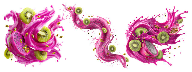 Kiwi fruit swirl with pink cream splash, isolated on transparent background

