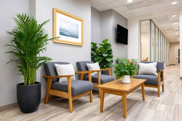 Modern waiting room with comfortable seating and plants creating a relaxing atmosphere
