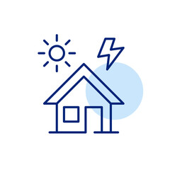 House, sun and lightning. Renewable energy, electricity power. Sustainable eco-friendly living. Pixel perfect, editable stroke icon