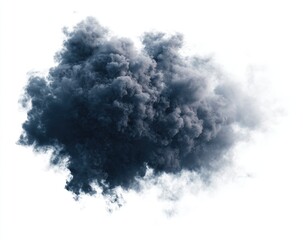 A dense, dark-grey smoke plume, billowing and amorphous against a stark white background, exhibiting textural depth and a sense of movement