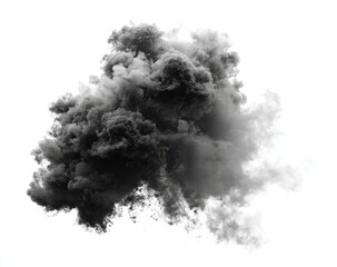 A dense, dark grey smoke plume, billowing with lighter grey wisps and edges against a stark white background, creating a dramatic, amorphous shape